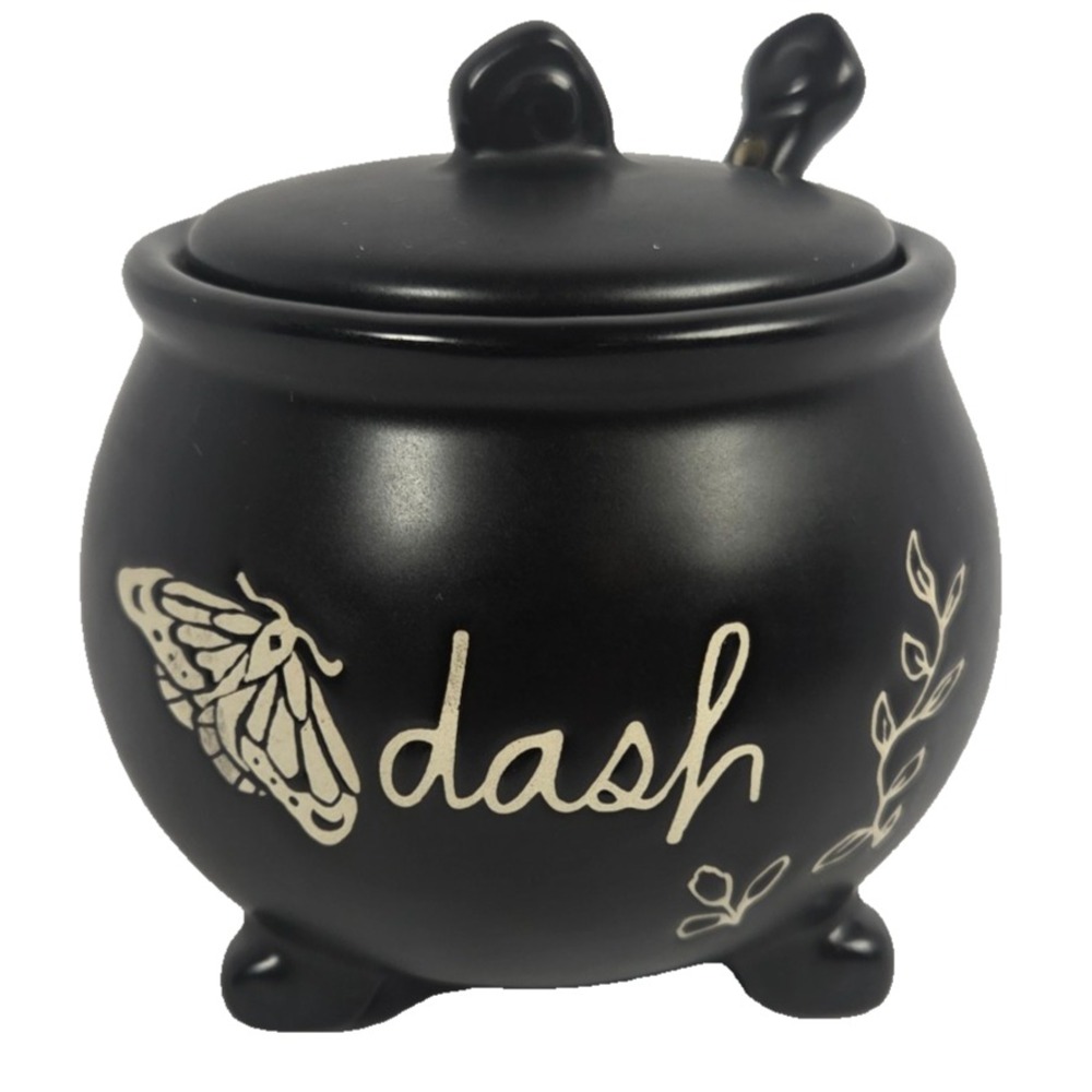 Rae Dunn DASH Cauldron Jar Lid Spoon Black Ceramic Moth Gothic Kitchen Decor